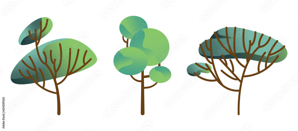 Collection of green deciduous and evergreen forest plants. Botanical set of bare trees and ones with leaves and lush crowns. Flat vector illustration isolated on white background