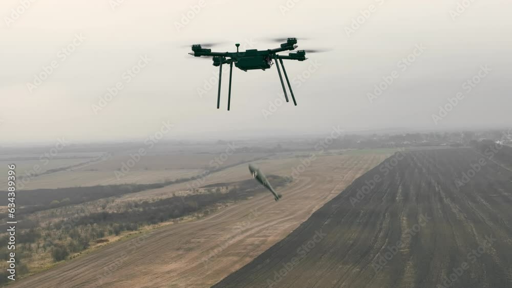 Military Drone launching Bomb on Field to destroy Enemy Base. Armed Forces attacking Enemies Positions. Concept of russian-Ukrainian War and Military Conflicts