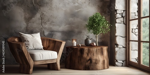 Hand-crafted barrel chair made from solid wood and stump coffee table near grunge stucco wall and window. Rustic style interior design of modern living room in farmhouse