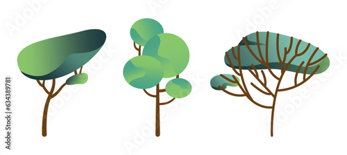 Collection of green deciduous and evergreen forest plants. Botanical set of bare trees and ones with leaves and lush crowns. Flat vector illustration isolated on white background