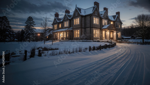 road to a mansion on winter season - Generative AI