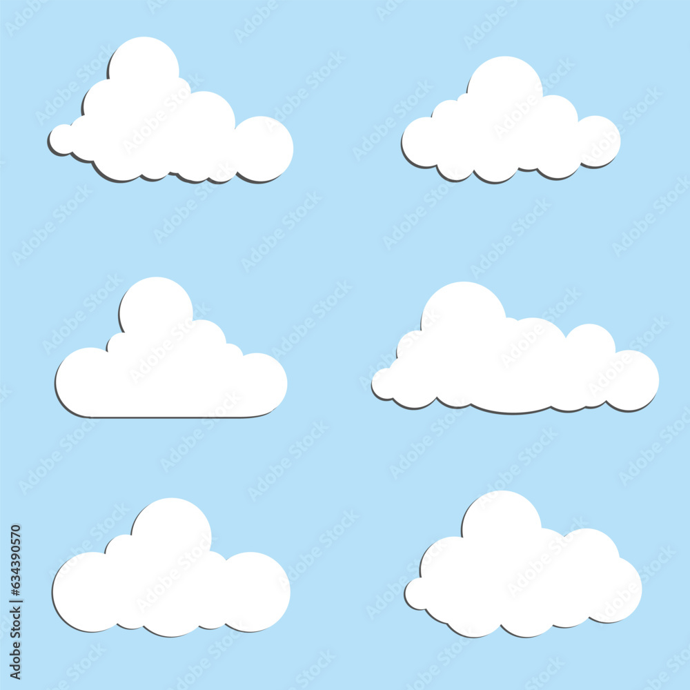 White clouds set isolated on a blue background. Clouds collection vector illustration. Cloud icons, labels.