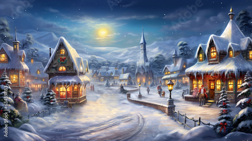Christmas landscape. A rural village with snow in a vintage style, a winter rural landscape, houses are all luminous and a lot of Christmas trees are decorated with old toys. New Year's landscape.