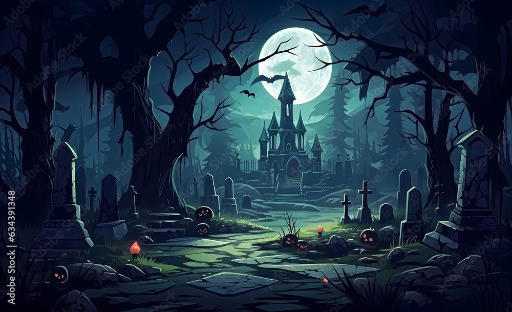 Halloween cemetery scene. Haunted nightmare Halloween backdrop, cartoon castle horror. Generative AI