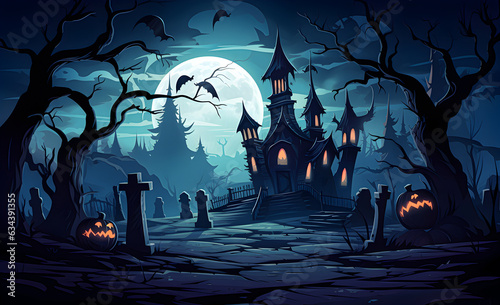 Halloween cemetery scene. Haunted nightmare Halloween backdrop, cartoon castle horror. Generative AI