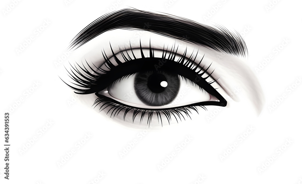Female eyes with long eyelashes, vector illustration. Eyelashes and eyebrows on white background. Concept of eyelash extensions, microblading, mascara, beauty salon. Generative AI
