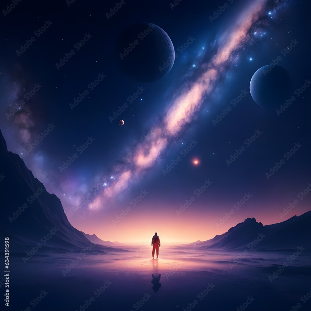 astronaut in spaace, adrift in the infinite expanse of the cosmos, illuminated by the beauty of distant stars and planets