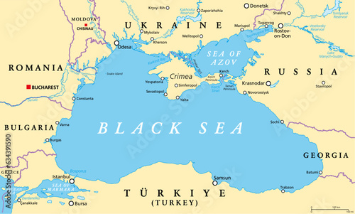 Black Sea region, political map. Located between Europe and Asia, with Crimea, Sea of Azov, Sea of Marmara, Bosporus, Dardanelles and Kerch Strait. Supplied by the major rivers Danube, Dnipro and Don. photo