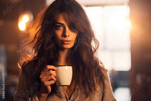 woman with dark hair enjoying a cup of morning coffee in cafe