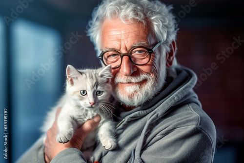 old man with a pet cat