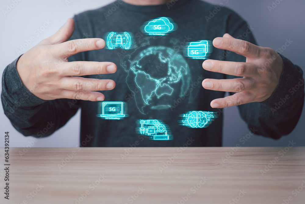man hold icon chipset and 5G diagram show on hand. Data storage.Cloud ...