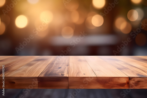 Leerer Holztisch für Produktplatzierung oder Montage mit Fokus auf die Tischplatte, unscharfer Bokeh-Hintergrund mit Lichtern am Abend auf einer Feier generative ai