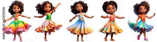 Set happy cute dark skin girls dance 3D render character cartoon style Isolated on transparent background