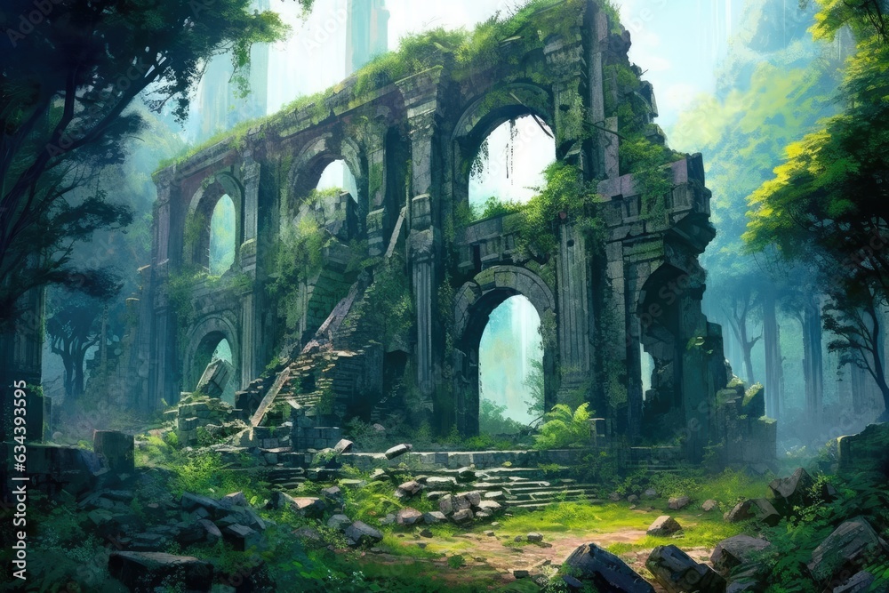 Ancient ruins of a forgotten civilization, overgrown with lush vegetation. Ancient ruins of a forgotten civilization, overgrown with lush vegetation.