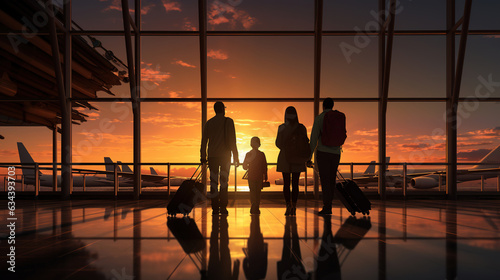 Family travel, showcasing silhouette figures of family members inside an airport terminal. The vibe of togetherness, excitement, and wanderlust.