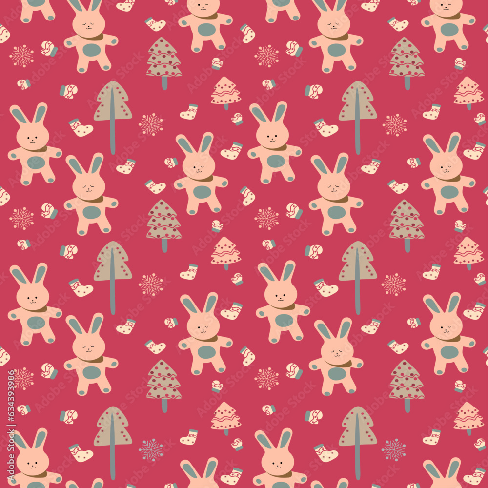 seamless pattern for the New Year holiday with hares, mittens, felt boots and Christmas trees for backgrounds, wallpapers, cards seamless pattern for the New Year holiday with hares, mittens, felt boots and Christmas trees for backgrounds, wallpapers, cards