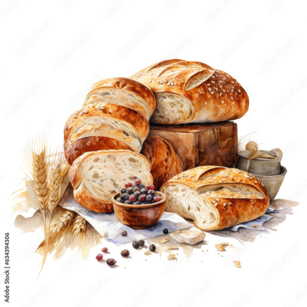 assortment of baked bread, bread and wheat, ai generative 