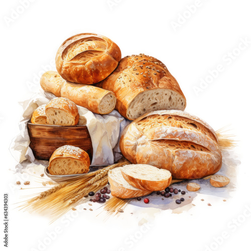 watercolor assortment of baked bread, bread and wheat, ai generative