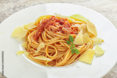 Italian pasta Spaghetti bolognese with parmesan