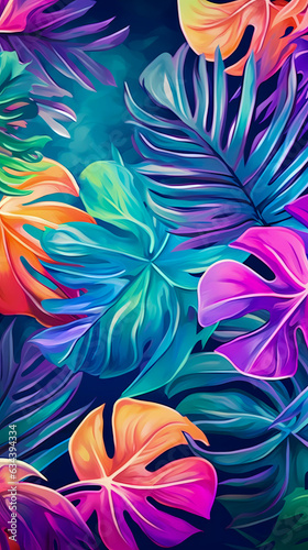 Tropical Dreams in Retrowave  Abstract Leaves Pattern in Vibrant Colors  Generative AI