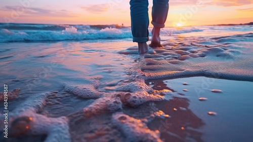 A man or woman walks barefoot outdoors on the beach at sunset. Feet on the background of sea waves. Illustration for cover, card, postcard, interior design, decor or print.