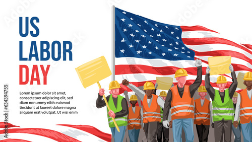 Labor Day banner with Group of Workers Wearing Safety Helmet Marching in Front of American Flag Background Hand Drawn Illustration