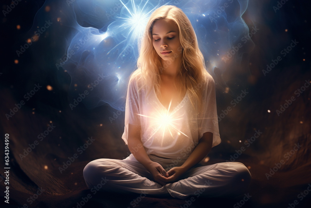 Blonde woman in a lotus position near the stars and light
