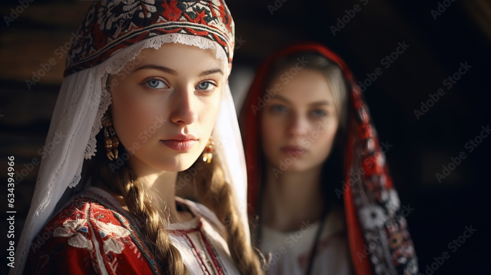 Russian women in national dress, blonde women 