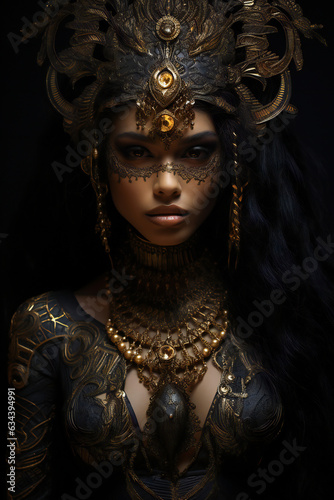 Portrait of a beautiful young woman with golden jewelry on her face