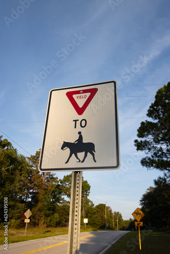 Horse crossing warning sign at the side of a road. photo