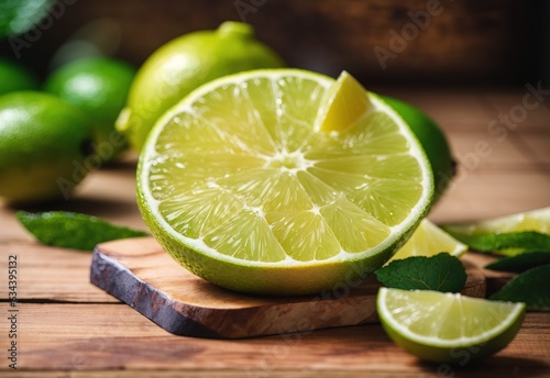 Juicy lime on bowl at Wooden Table - A Refreshing Tropical Ingredient. Food Photography © MochSjamsul