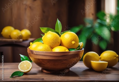 Juicy lemon on bowl at Wooden Table - A Refreshing Tropical Ingredient. Food Photography