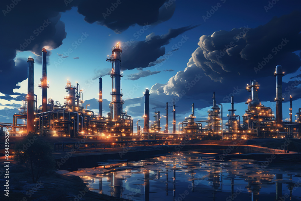Petrochemical industrial plant, Oil and Gas refinery with smoking in twilight sky