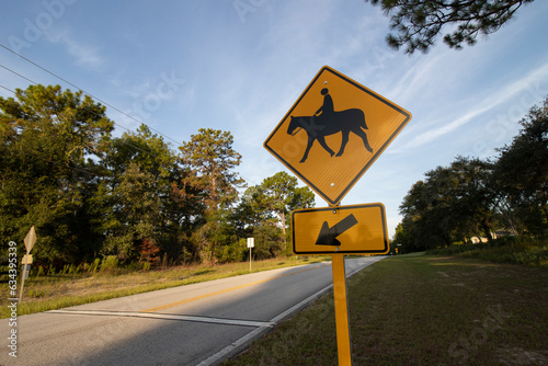 Horse crossing warning sign at the side of a road. photo