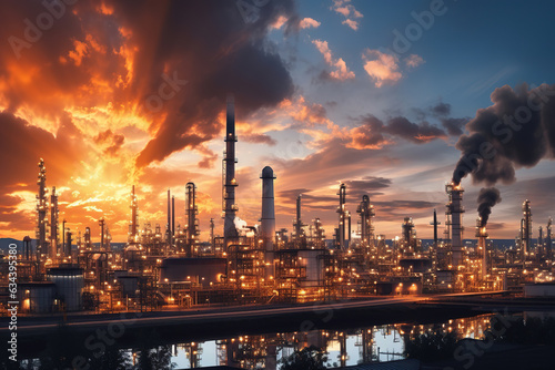 Petrochemical industrial plant, Oil and Gas refinery with smoking in twilight sky