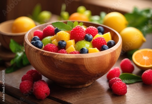 Juicy fruit on bowl at Wooden Table - A Refreshing Tropical Ingredient. Food Photography