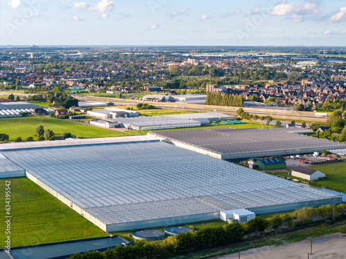 Aerial view of green houses for flowers in the Netherlands