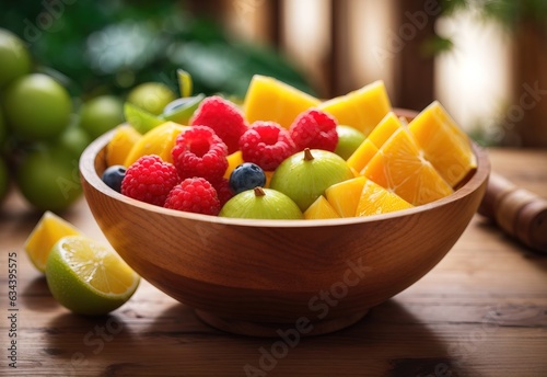 Juicy fruit on bowl at Wooden Table - A Refreshing Tropical Ingredient. Food Photography