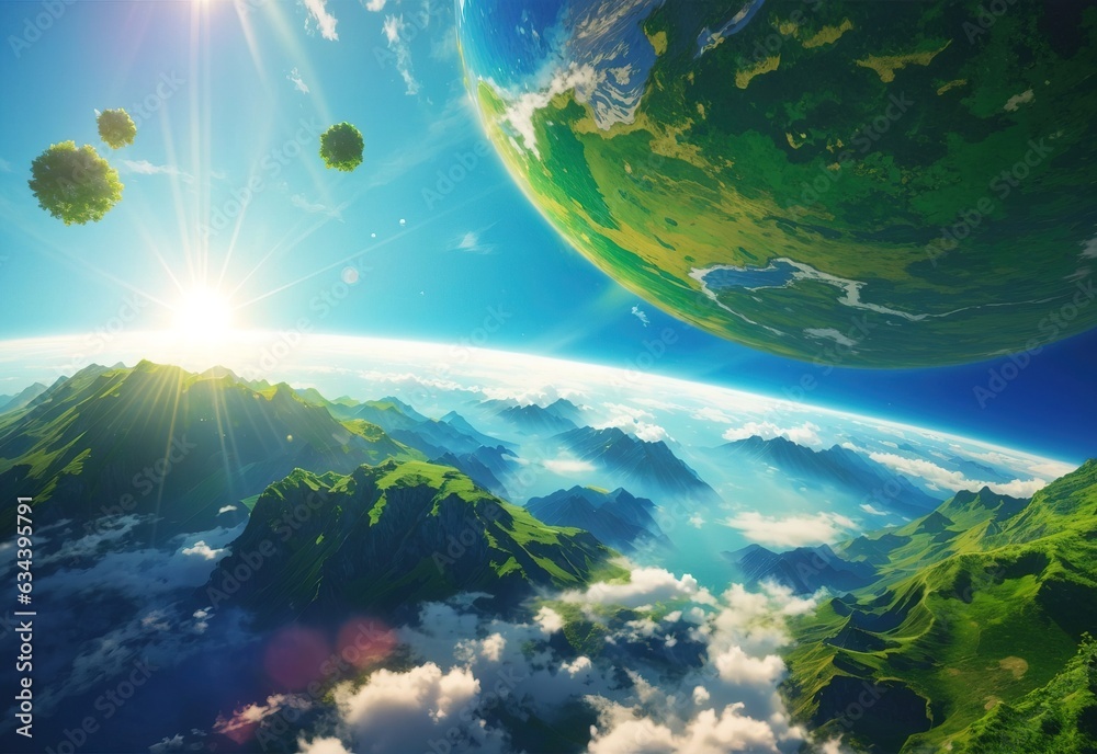 Hovering above a vibrant blue and green Earth, illuminated by a bright sun