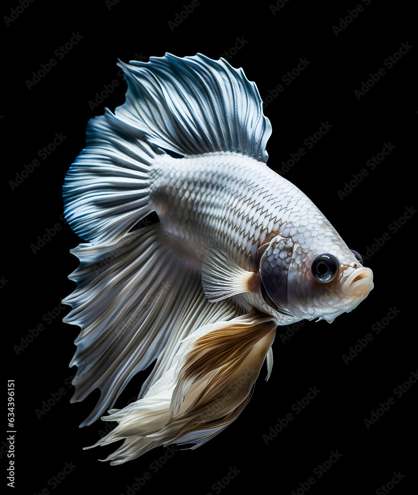 Fototapeta premium White Siamese fighting fish, Betta Splendens isolated on black background, generated by AI.