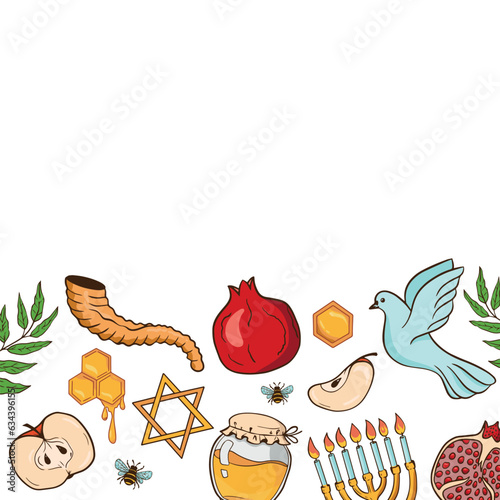 Shana Tova, Rosh Hashanah greeting card. Jewish Happy New Year symbols Honey, Apple and Pomegranate on a border frame.