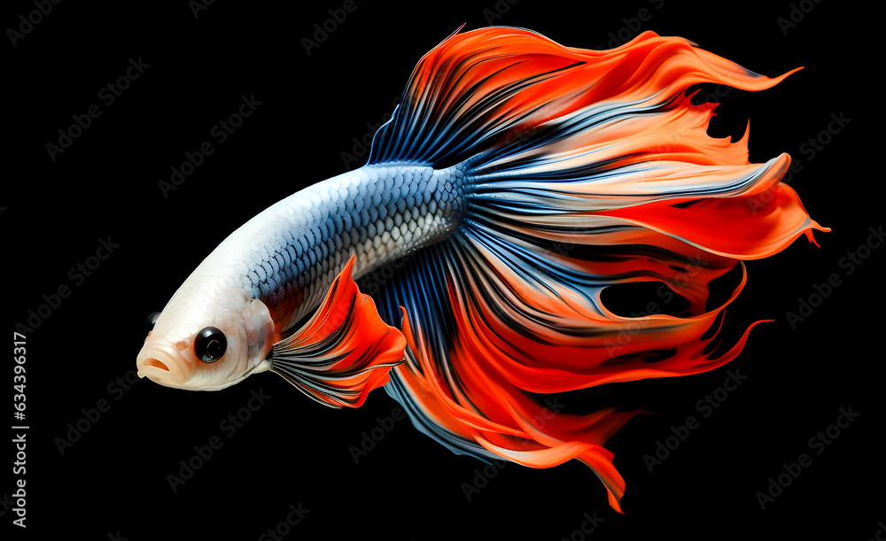 Fototapeta premium White Siamese fighting fish, Betta Splendens isolated on black background, generated by AI.