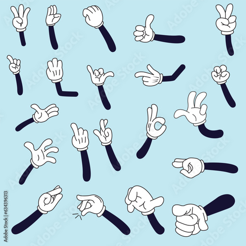 Cartoon hands icon. Comic arms with four and five fingers in white gloves with various gestures, cartoon character body parts. Comic mascot hands. Vector clipart arms in different poses
