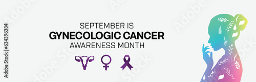 Gynecologic Cancer Awareness Month design with colorful silhouette of a woman and there are logo of woman, a ribbon and an ovary under the lettering. Vector illustration photo
