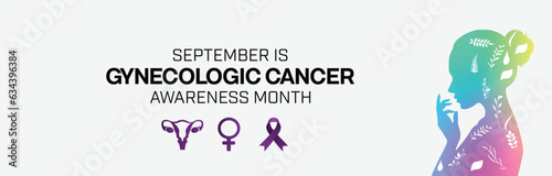 Gynecologic Cancer Awareness Month design with colorful silhouette of a woman and there are logo of woman, a ribbon and an ovary under the lettering. Vector illustration