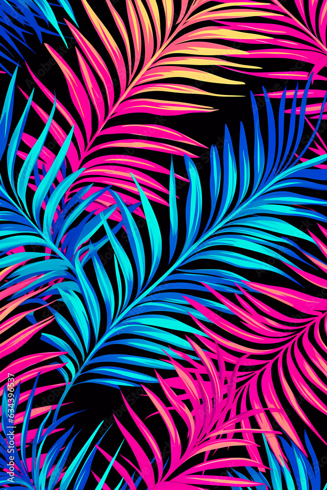 Tropical Dreams in Retrowave: Abstract Leaves Pattern in Vibrant Colors, Generative AI Tropical Dreams in Retrowave: Abstract Leaves Pattern in Vibrant Colors, Generative AI