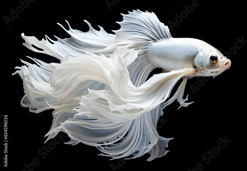 White Siamese fighting fish, Betta Splendens isolated on black background, generated by AI. © Rattanapon