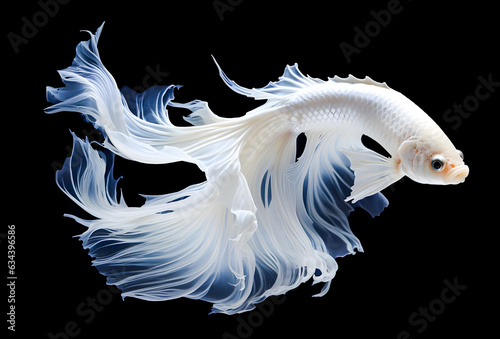 White Siamese fighting fish, Betta Splendens isolated on black background, generated by AI. © Rattanapon