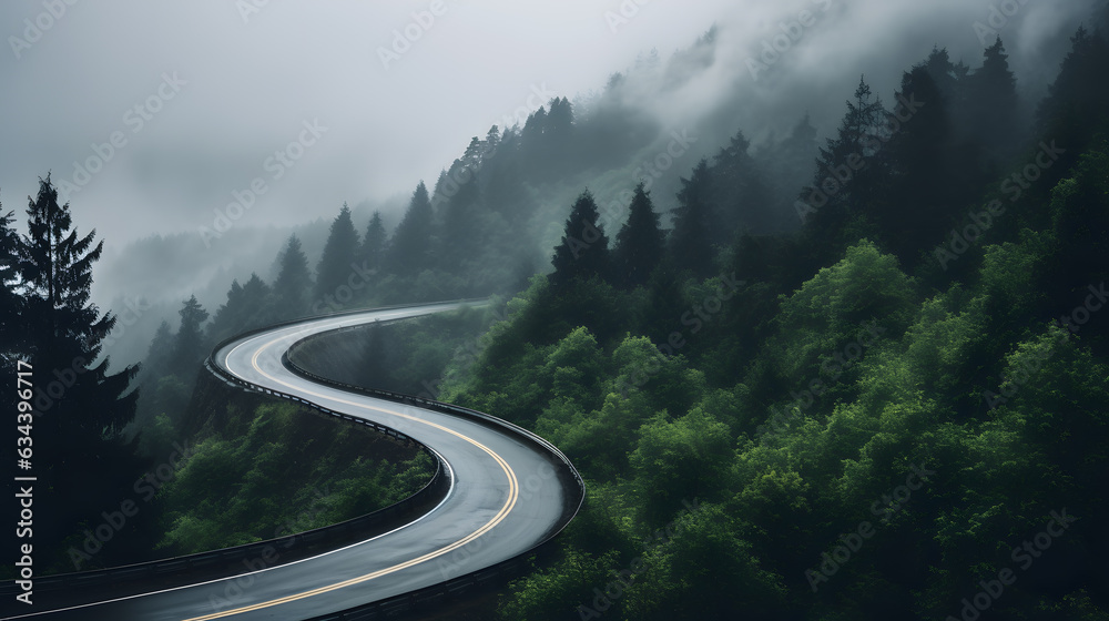 Highway Landscape Forest Fog