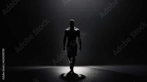 Minimalistic scene with the silhouette of an athlete and dramatic hard shadows. This composition symbolizes determination  strength  and the disciplined pursuit of physical excellence.